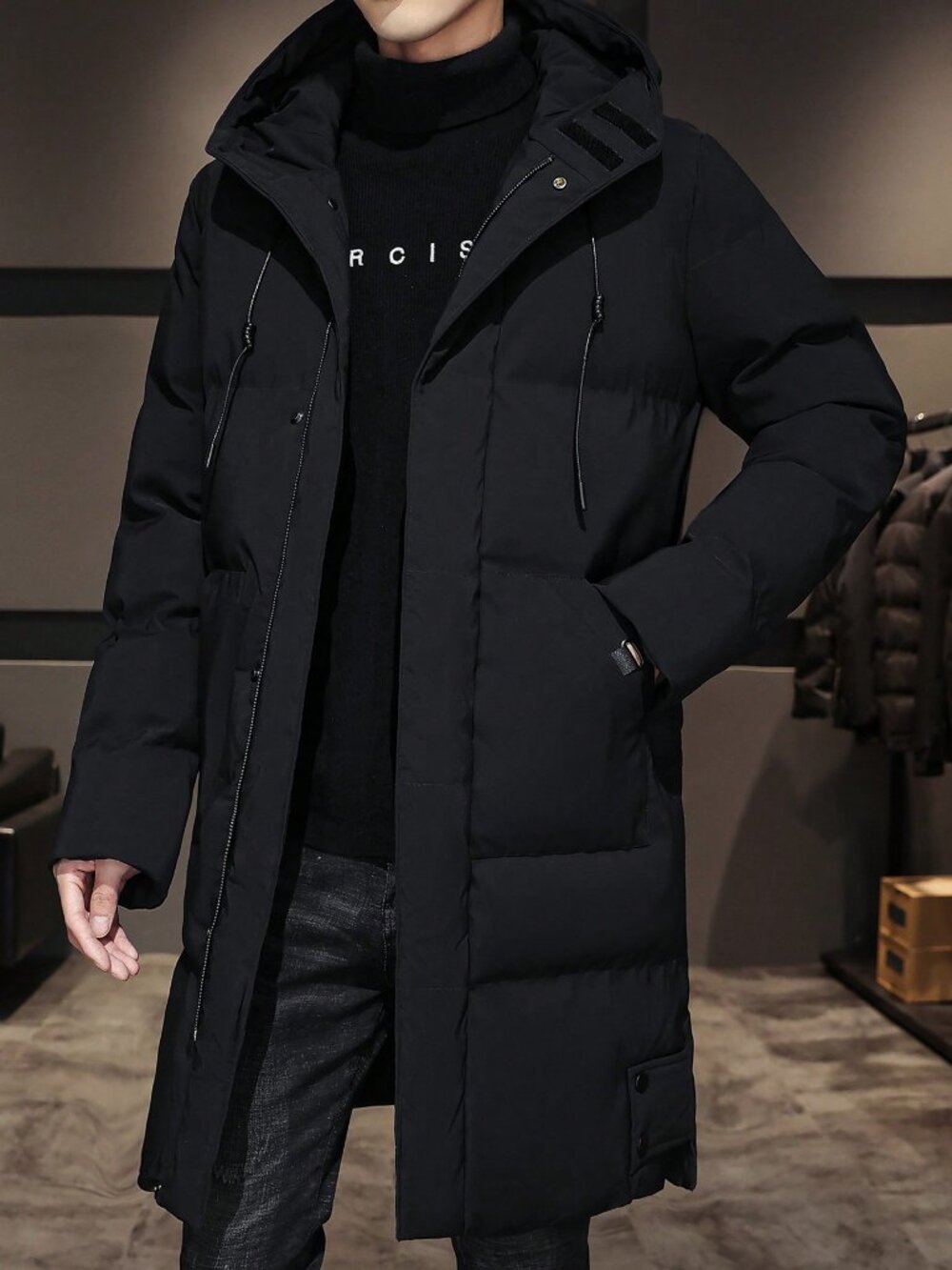 Men's Black Slant Pocket Drawstring Hooded Padded Coat